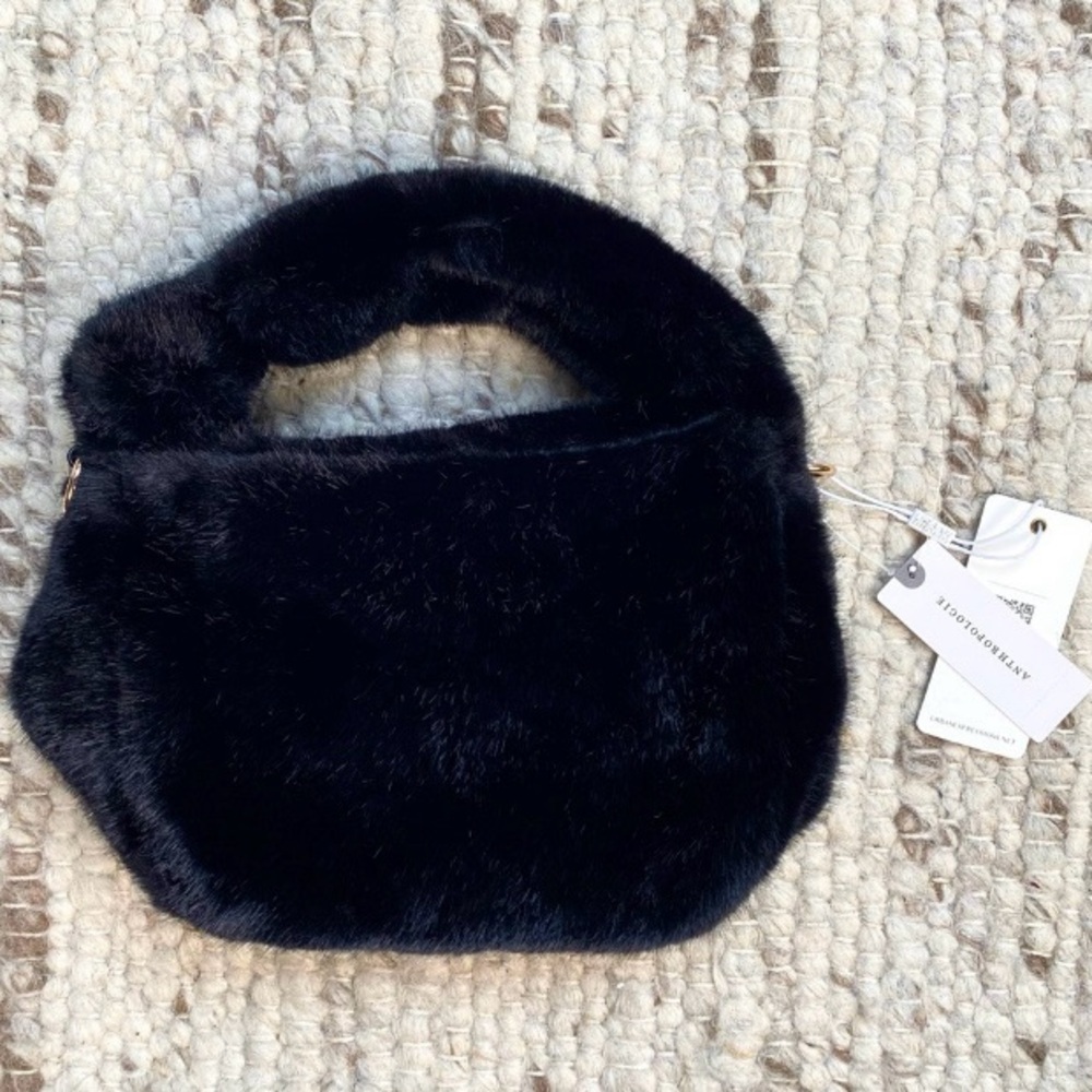 NWT Anthropologie Faux Fur Mini Hobo Bag in Black, Gold Hardware - Picture 7 of 10